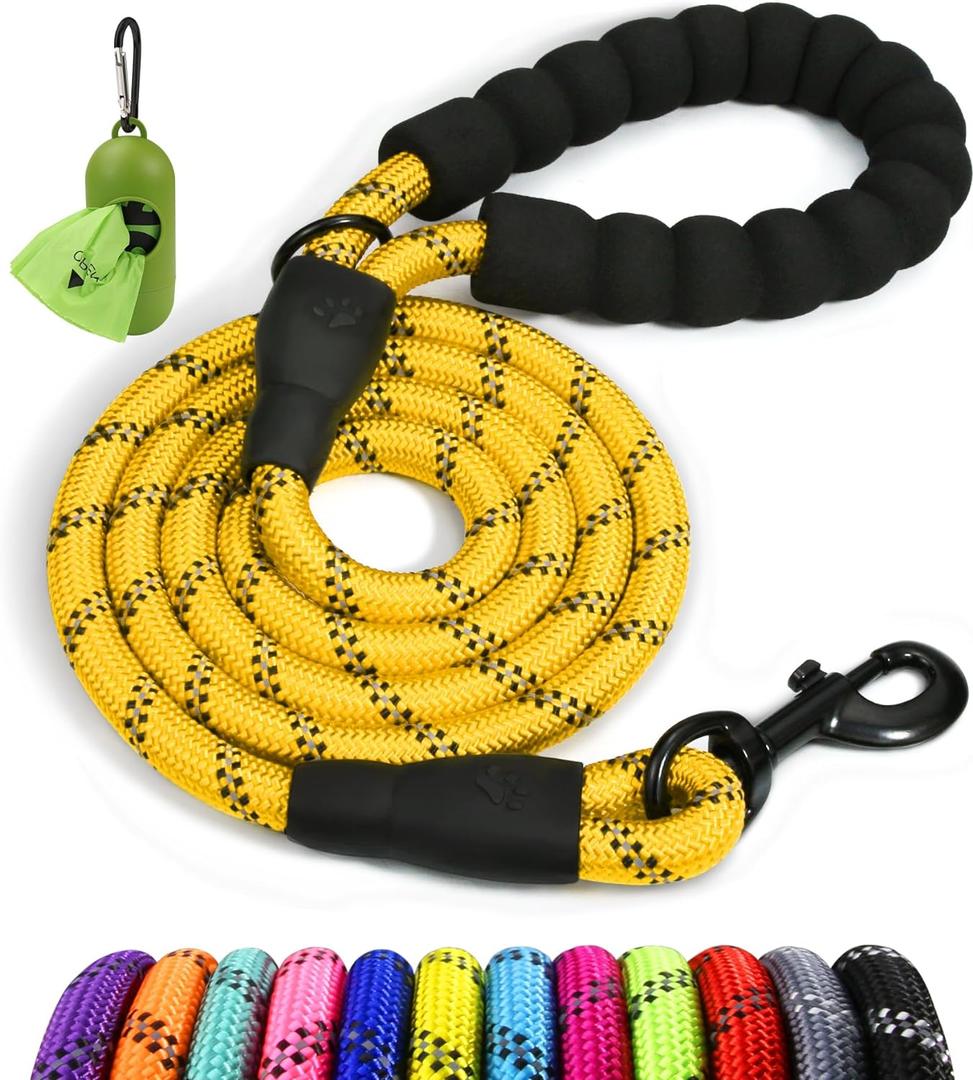 Taglory Rope Dog Leash 6 FT with Comfortable Padded Handle, Highly Reflective Threads Leash for Medium Large Dogs, 1/2 inch, Yellow (1/2" x 6 FT (20~120 lbs.))