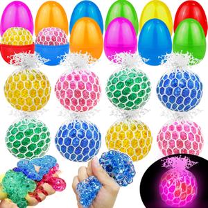 24 PCS Prefilled Easter Eggs, 12 Easter Eggs + 12 Light Up Grape Mesh Sensory Balls Fidget Toys, Kids Boys Girls Toddlers Easter Basket Stuffers Glow in The Dark Fillers Easter Eggs Hunt Party Favor