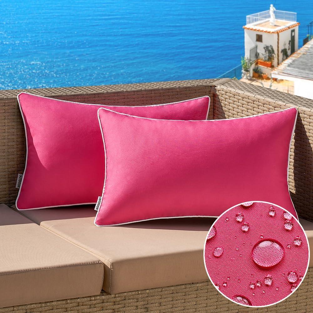 MIULEE Pack of 2 Outdoor Waterproof Pillow Covers Decorative Lumbar Throw Pillows Solid Color Farmhouse Couch Cushion Covers for Patio Tent Bed Sofa Living Room 12x20 Inch Hot Pink