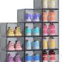 Kitsure Thicker & Sturdier Shoe Boxes - 12 Pack Black Clear Plastic Foldable Storage Organizer with Magnetic Door, Reinforced Heavy-Duty Design for Sneakers, Toiletries & Accessories, 13.2"x9.8"x7.3"