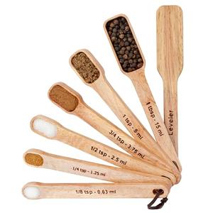 IMPRESA 7-Piece Narrow Wooden Measuring Spoons Set - 7 Sizes 1 TBSP-1/8 TSP Brown Rubberwood - Rectangular Design for Spice Jars - Laser-Etched Standard & Metric with Leveler & Leather Tie