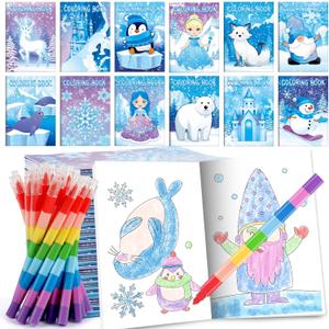 BenLouis 12 Frozen Mini Coloring Books Kids with 12 Stacking Crayons Winter Snowflake Themed Party Favors Small Activity Books Bulk for Kids Frozen Christmas Classroom Party Gift Goodie Bag Stuffers