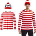 Red and White Striped Shirt Costume Set for Adults with Hat and Round Glasses, Men's Halloween Party Outfit (S)
