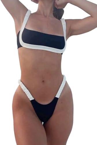 HYTENSUN Women's Bandeau Cheeky Bikini Colorblock Square Neck High Cut Swimsuits Two Pieces Bathing Suits S