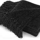 RECYCO Throw Blanket Soft Cozy Chenille Throw Blanket with Fringe Tassel for Couch Sofa Chair Bed Living Room Gift (Black, 50" x 60")