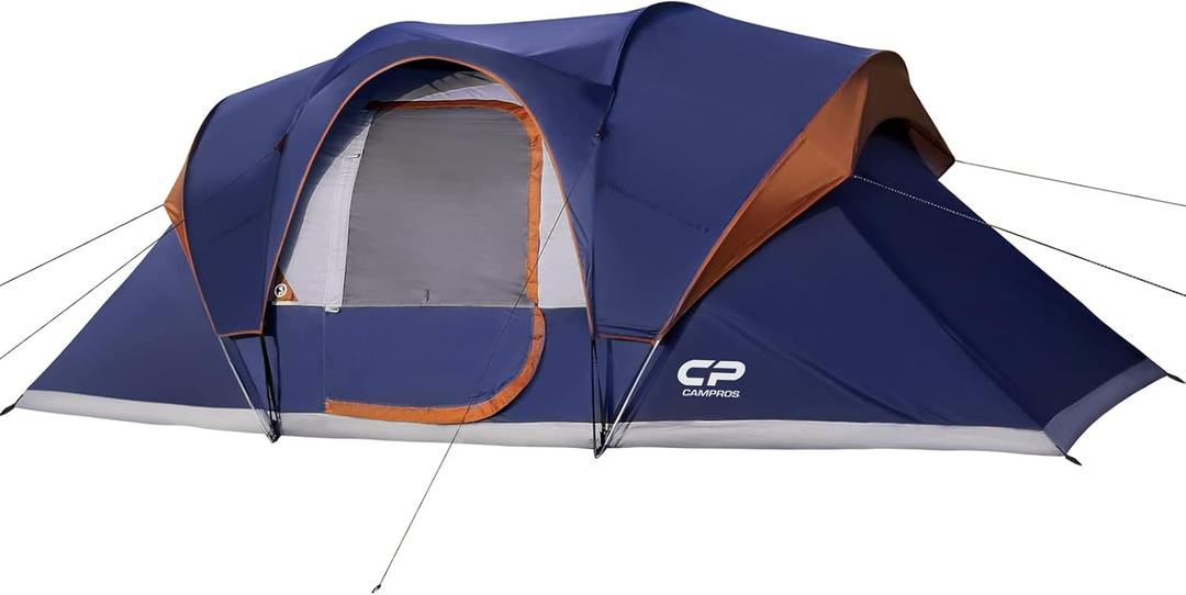 CAMPROS CP Camping Tent 10 Person Family Cabin Tent, 2 Room Water Resistant Waterproof Tent with Top Rainfly, 4 Large Mesh Windows, Double Layer, Easy Set Up, Portable with Carry Bag, 16ft x 9ft x72in (Blue)
