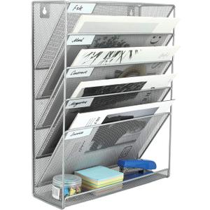 EasyPAG 5 Tier Wall File Holder, Mesh Hanging Folder Organizer with Classify Label, Versatile Desk File Holder, Vertical Wall Mounted Mail Organizer for Office Home Cubicle, Silver
