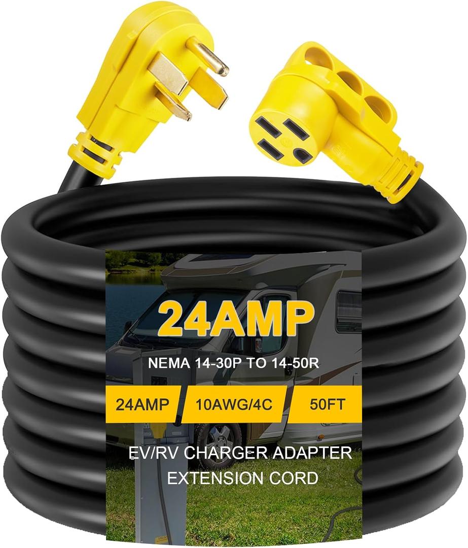 50ft EV Charger Adapter Cord NEMA 14-30P to 14-50R, 4 Prong New Dryer Outlet to 4 Prong EV(Max 24Amp 240V)/RV Adapter for Tesla or EV Level 2 Charging, Camper, Heavy Duty, ETL Listed