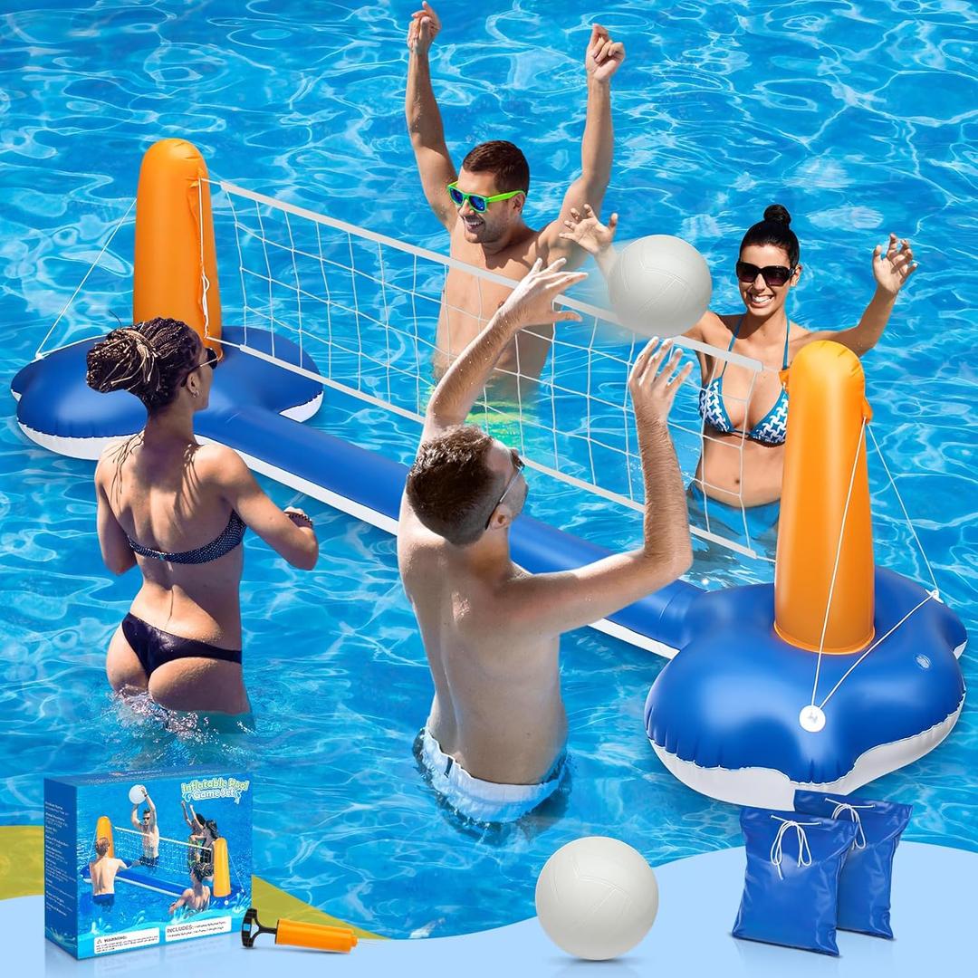 KIDDITOY 118" Pool Volleyball Set  Inflatable Volleyball Court with 2 Weight Bags, Upgraded PVC Ball & Pump  Fun Pool Games for Adults & Family | Summer Party Gift