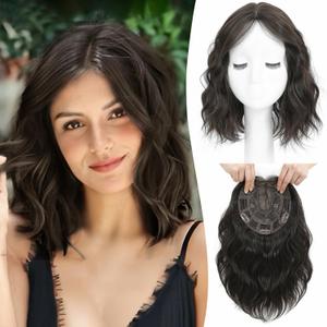 Ms Taj 11 Inch Short Wavy Hair Topper for Women with Thinning Hair, Natural Synthetic Lightweight & Breathable Hairpiece for Women with 6.5"x6.5" Base, Instantly Adds Volume and CoverageDark Brown