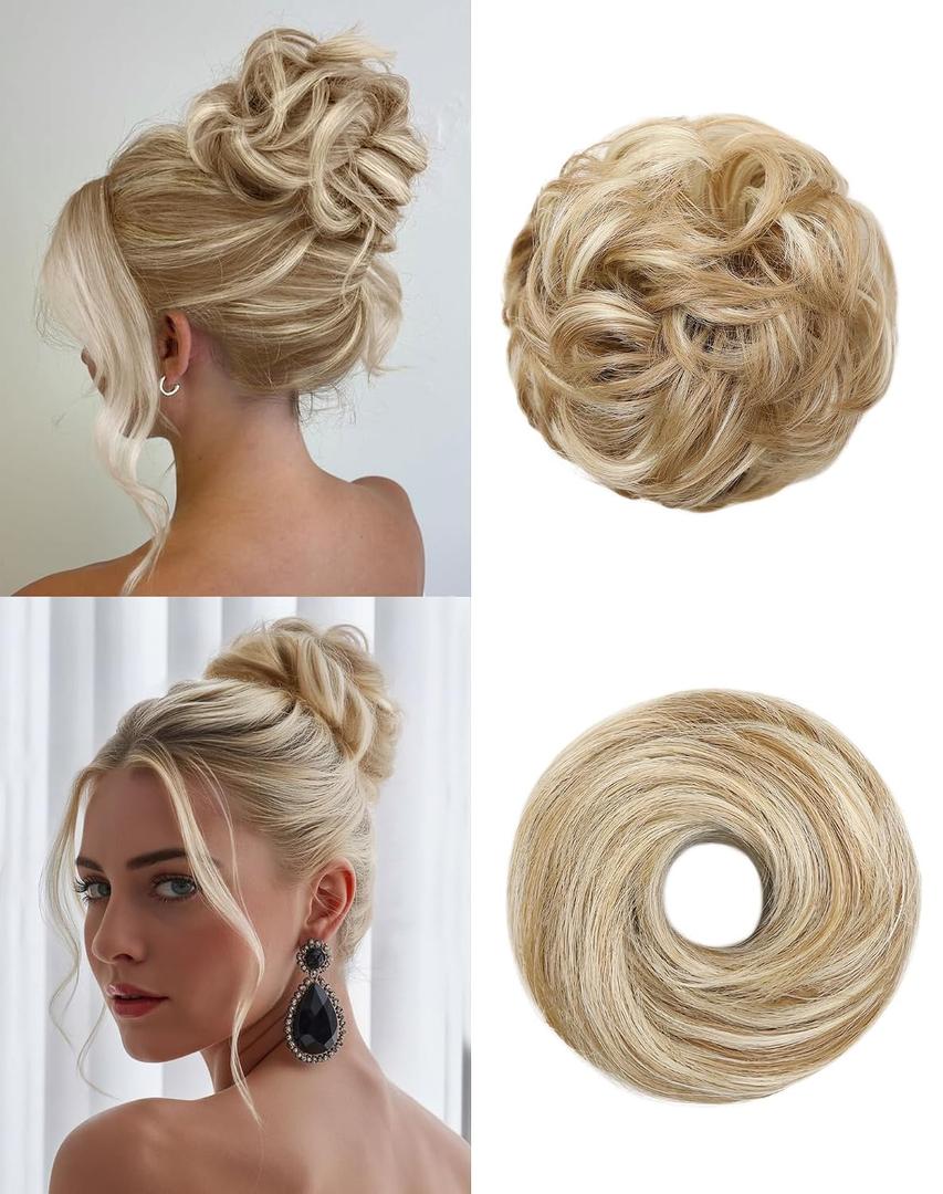 2PCS Messy Bun Hair Piece-Large Wavy Curly & Donut Updo Hair Pieces Set, Scrunchies Synthetic Chignon Ponytail Extensions Thick Updo for Women(Dirty Blonde)