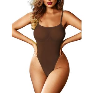 Kaei&Shi Mesh Bodysuit For Women,Spaghetti Strap Backless High Cut Sexy Body Suit,One Piece Sheer Top Rave Outfits Club Date,Dark Brown,Medium