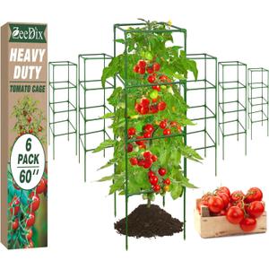 ZeeDix 6 Pack Heavy Duty Tomato Cages for Garden 60 Inches, Square Adjustable Tomato Trellis Cage Climbing Plant Support Trellis Plant Cages for Climbing Vegetables Flowers with 40Pcs Clips