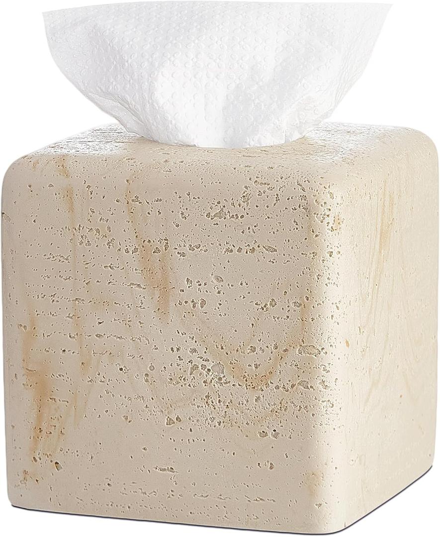 Natural Travertine Tissue Box Cover Modern Resin Cube Holder for Bathroom, Bedroom, Office Decorative Square Tissue Box for Countertop, Nightstand, Vanity & Desk Heavy&Sturdy