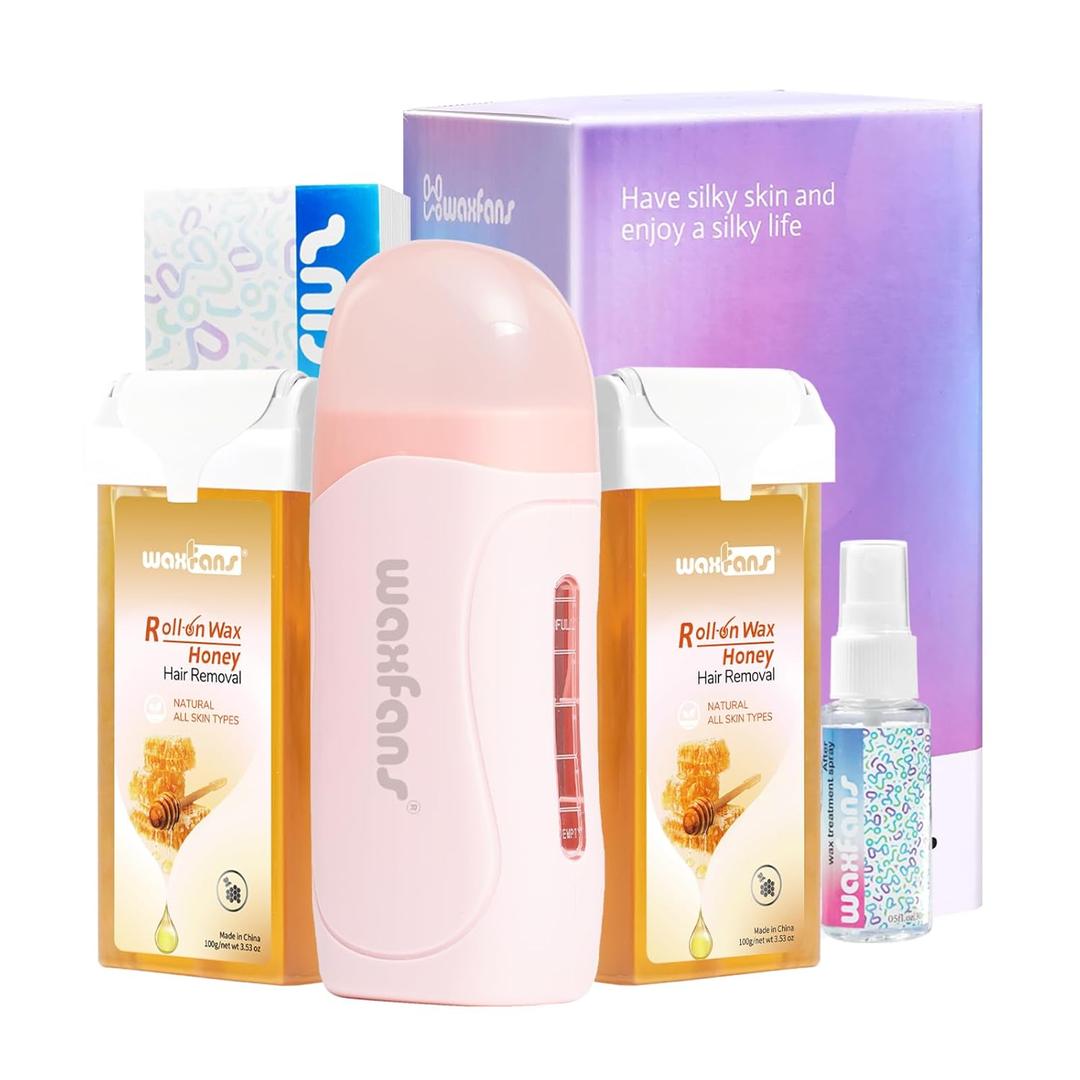Waxfans Roll on Wax Kit, Waxing Kit for Women and Men, Wax Roller Waxing Kit for All Skin Types, Roll on Waxing Kit for Hair Removal, Wax Cartridges & 50 Pcs Wax Strips (Honey)