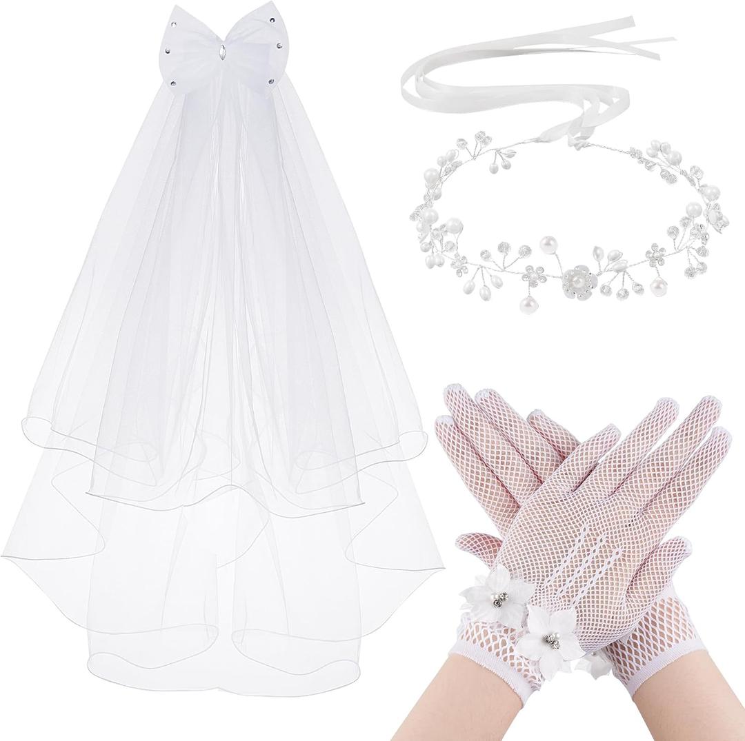 3 Pcs First Communion Veil Set Gloves Headpiece for Girls 1st Holy Communion Accessories for Wedding Party Costume