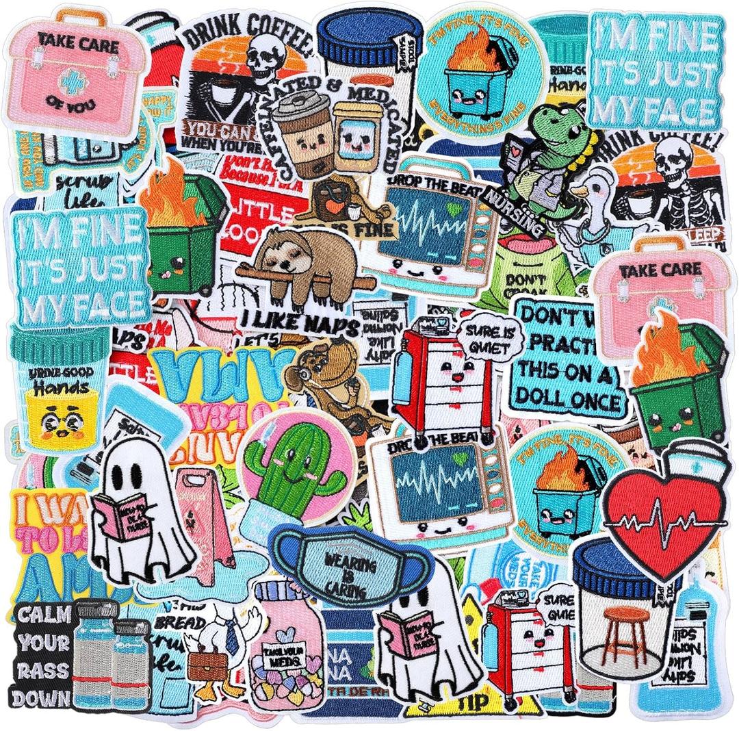 Zeyune 72 Pcs Assorted Funny Iron on Embroidered Patches Bulk Nurse Medical Doctor Iron on Hat Patches Anime Holiday Appliques Sew on for Hat Backpack Clothes Shirt Jeans DIY Craft CNA RN Gifts