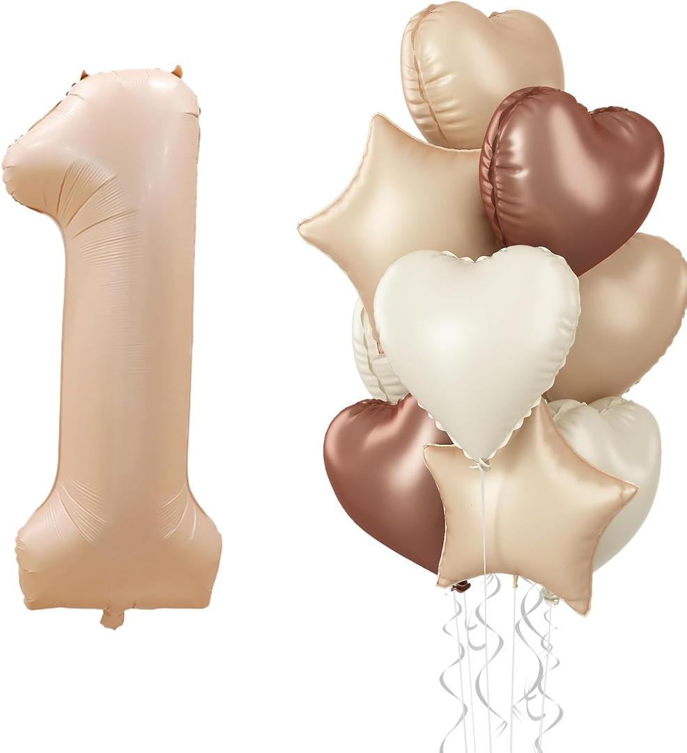 40 Inch Number 1 Balloon Decor, Cream Brown Foil Neutral Heart 1 Balloons with Taupe Star Helium Balloon for Girls Boys 1st Birthday Anniversary Baby Shower Party Boho Decoration Supplies (Beige)