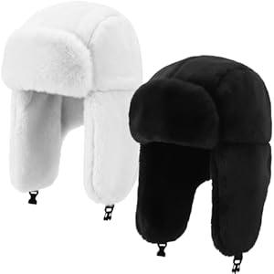 Geyoga 2 Pack Plush Ushanka Hat Unisex Foldable Earflap Trapper Hats for Winter Warmth, Skiing, Travel and Outdoor Activities(Black, White)