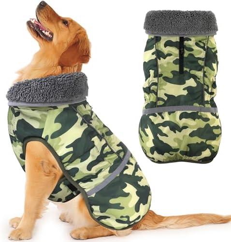 Dogcheer Warm Dog Coat, Waterproof Dog Jacket Reflective Adjustable Puppy Winter Coat with Buckle, Christmas Pet Snow Jacket Turtleneck Fleece Sweater for Small Medium Large Dogs- Camo Green, XL