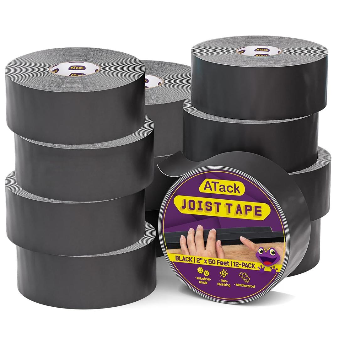 ATack Joist Tape for Decking 2 Inch x 50ft 12-Pack Waterproof Deck, Non-Shrinking Butyl Flashing Sealant High Tack Rim Joist Tape Year-Round Protection on Wood, Metal, Composite, Roof Beams
