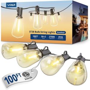 VIPAR Outdoor String Lights, 100FT 52 ST38 Bulbs Patio Lights Outdoor Waterproof, Shatterproof Vintage Edison LED Outside Hanging Light for Backyard, Porch, Garden, Deck, Bistro, 2700K Dimmable