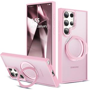 Compatible with Samsung Galaxy S22 & S23 Ultra Case with 360Rotatable Magnetic Ring Stand Compatible with Mag-Safe Military Protection Shockproof Translucent Phone Case,Pink