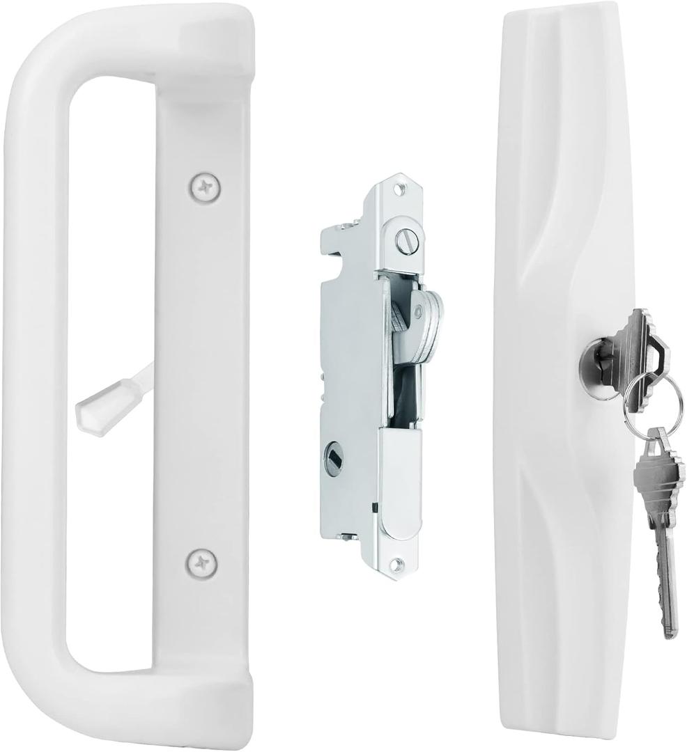 White Patio Door Handle Set with Cylinder Lock,Suitable for Replacement Sliding Patio Doors Lock 3-15/16Screw Hole Spacing.Choices That Add a Unique to Your Patio Glass Sliding Door.