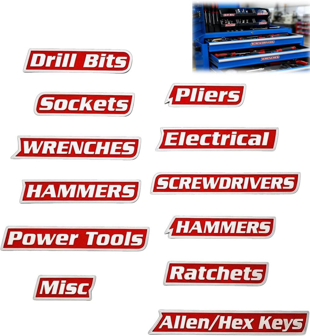 12 Pack of Magnetic Toolbox Labels, 2026 New Upgrade High Magnetic Toolbox Labels, General Tool Box Organize Accessories, Reusable Tags for Steel Toolboxes (Red)