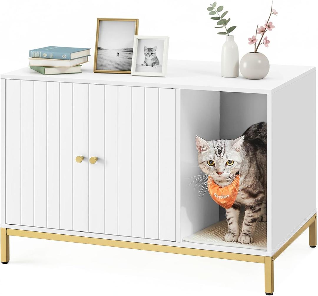 Feandrea Litter Box Enclosure, Modern Cat Litter Box Furniture Hidden, with Scratching Mat, Tall Legs, Cat House, Side End Table, 31.5 x 19.7 x 21.7 Inches, White and Gold UPCL007W01