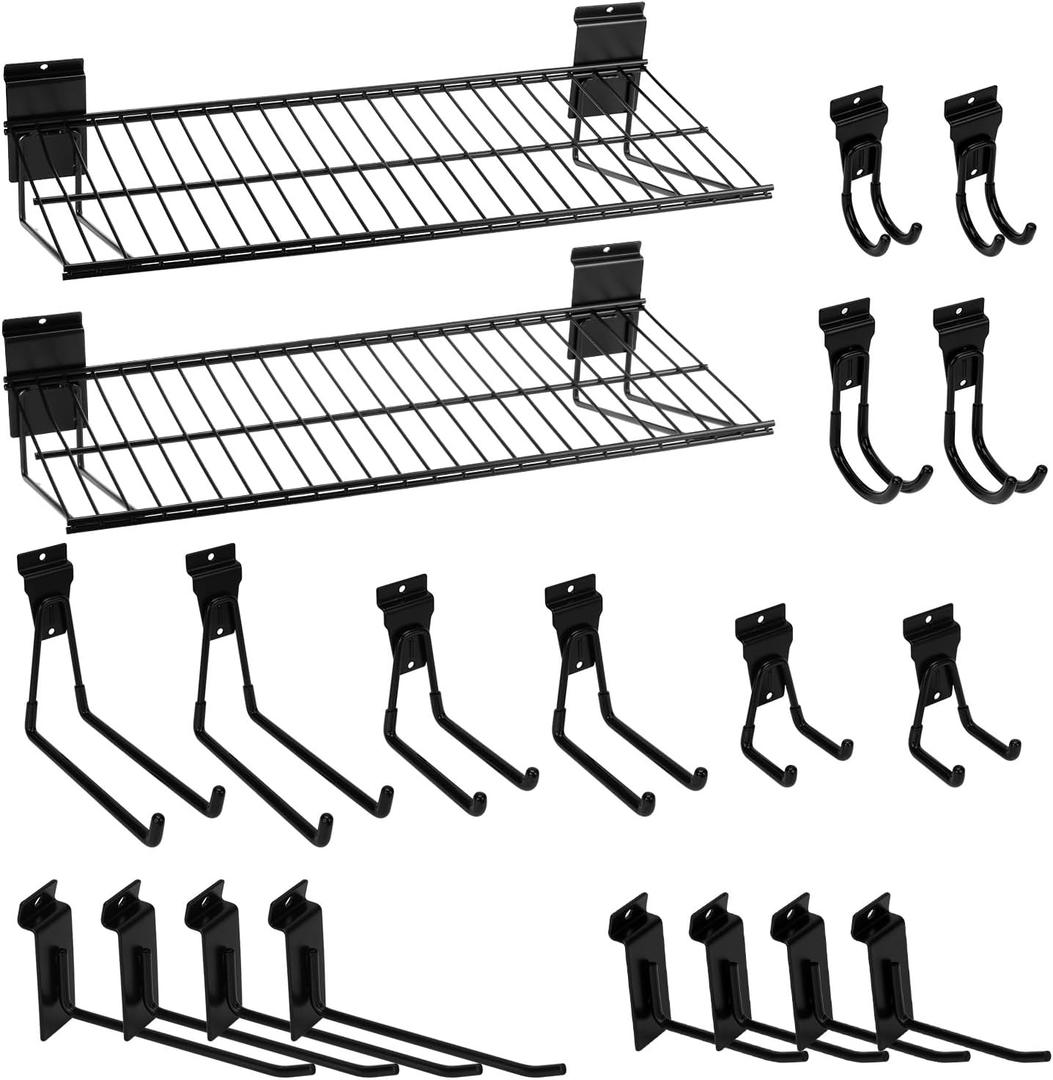20PCS Slatwall Accessories Set, Includes 2 Pack Slatwall Wire Shelves (24 inches Width) and 18 Pack Heavy Duty Multisize Slatwall Hooks for Garage Organization, Retail Display (24 Inch)
