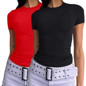 Dwnval Womens 2 Piece Sexy Casual Short Sleeve Crewneck Shirts Summer Slim Fit Cute Crop Tops (M)