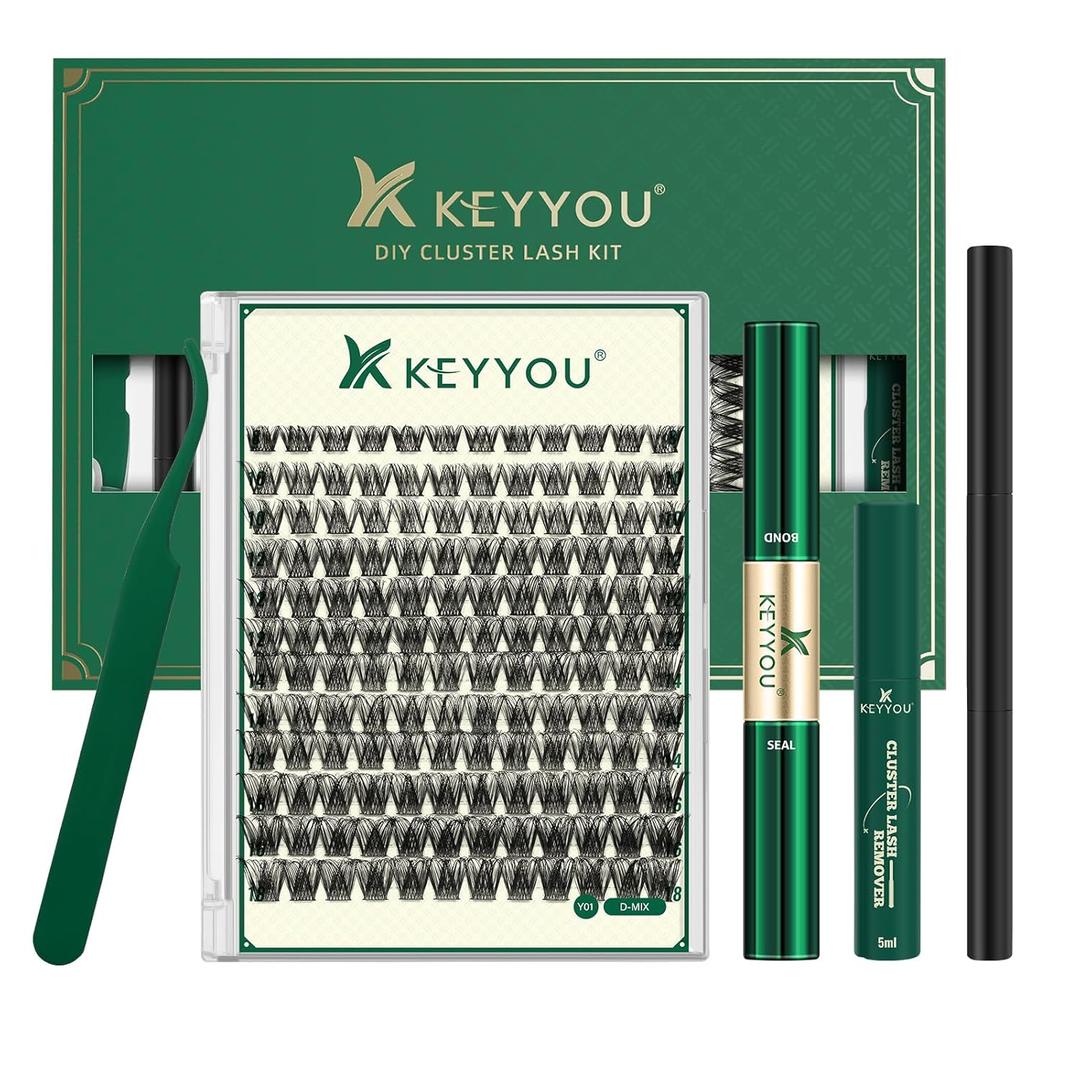 KEYYOU Lash Clusters Kit Natural Wispy DIY Lash Extension Kit 144pcs Lashes Clusters Eyelash Extension with Mascara Brush Bond and Seal Glue Remover Applicators and Brush for Lashes Extensions 