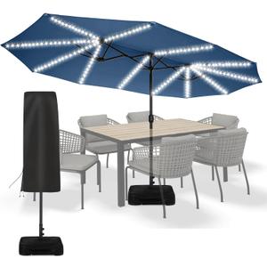 Sundale Outdoor Solar 15 ft 144 LED Olefin 5-Year-Non-Fading Patio Umbrella with Sandbag Base Included and Cover, Outdoor Double-Sided Umbrella with Lights