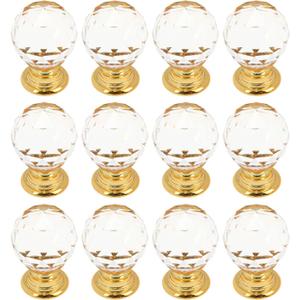 12 Pcs Crystal Drawer Knobs, Round Diamond 0.78 Inch Clear Glass Crystal Cabinet Knobs and Pull Handles - Gold Base with 25mm Screws