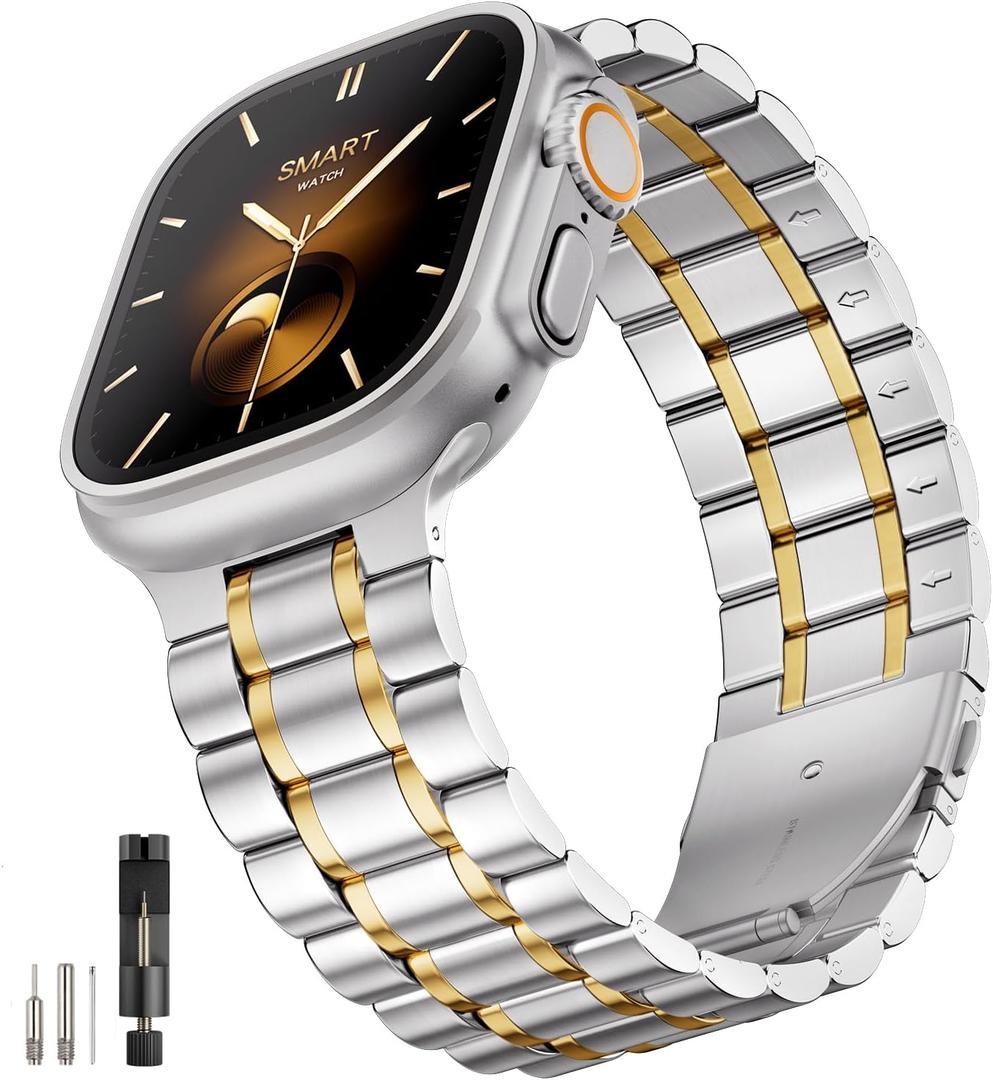 Bestig Compatible with Apple Watch Bands for Men Women 49mm 46mm 45mm 44mm 42mm(Series 3 2 1), Stainless Steel Metal Business Wristband Strap for iWatch Ultra Series 11 10 9 8 7 6 SE 5 4, Silver/Gold