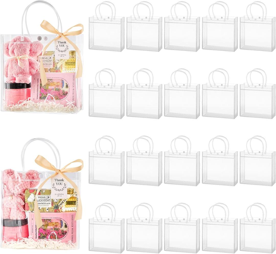 24 Pack Clear Plastic Gift Bags with Handles, Party Favor Bags with Ribbons and Tags, Reusable Goodie Tote Bags for Valentine's Day Wedding Baby Shower (7.9 x 7.9 x 3.2")