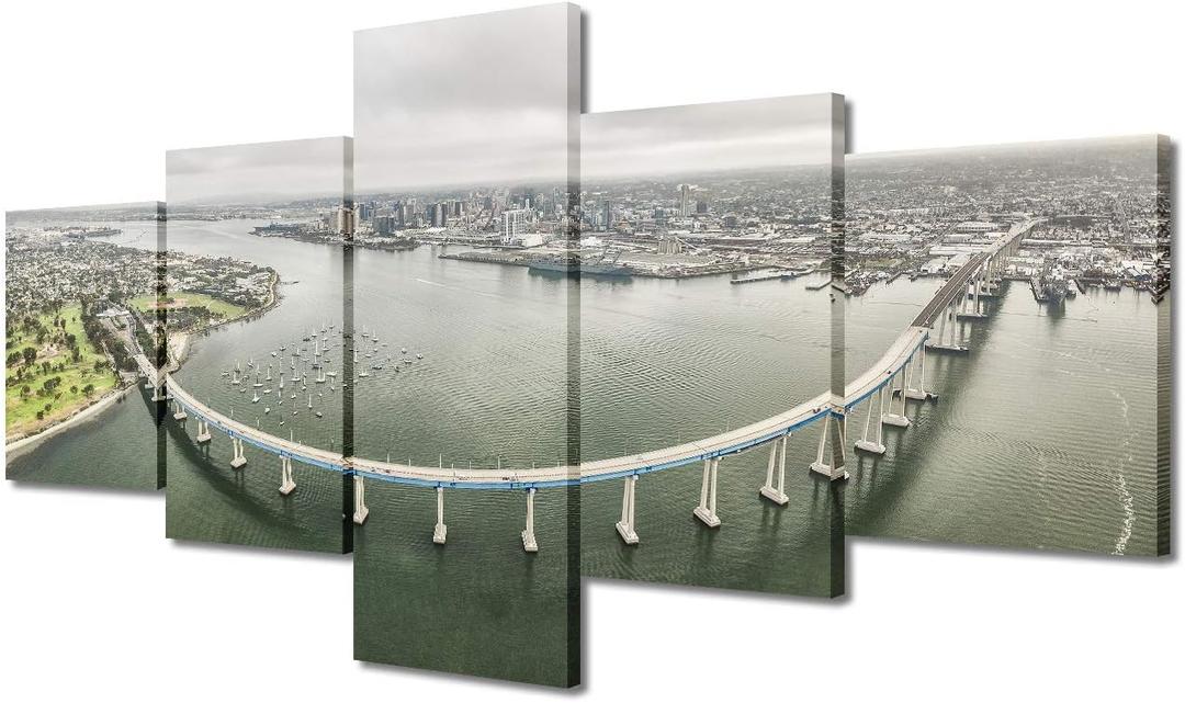5 Panel San Diego City Wall Art Coronado Bridge Wall Art Steel Girder Bridge Skyline Modern Landscape Artwork Canvas Prints Bridge Pictures on Canvas Wall Art for Home Decor Wall Decor - 50"Wx24"H (50 in x 24 in (W x H), Artwork-11)