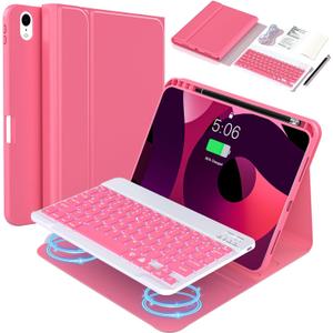 for iPad 10th Generation Case with Keyboard,Adjustable 7 Color Backlit, Detachable with Pencil Holder,Bluetooth Keyboard for 10.9 inch 2022(Included Capacitor Pen Cleaning Cloth) (dark pink)