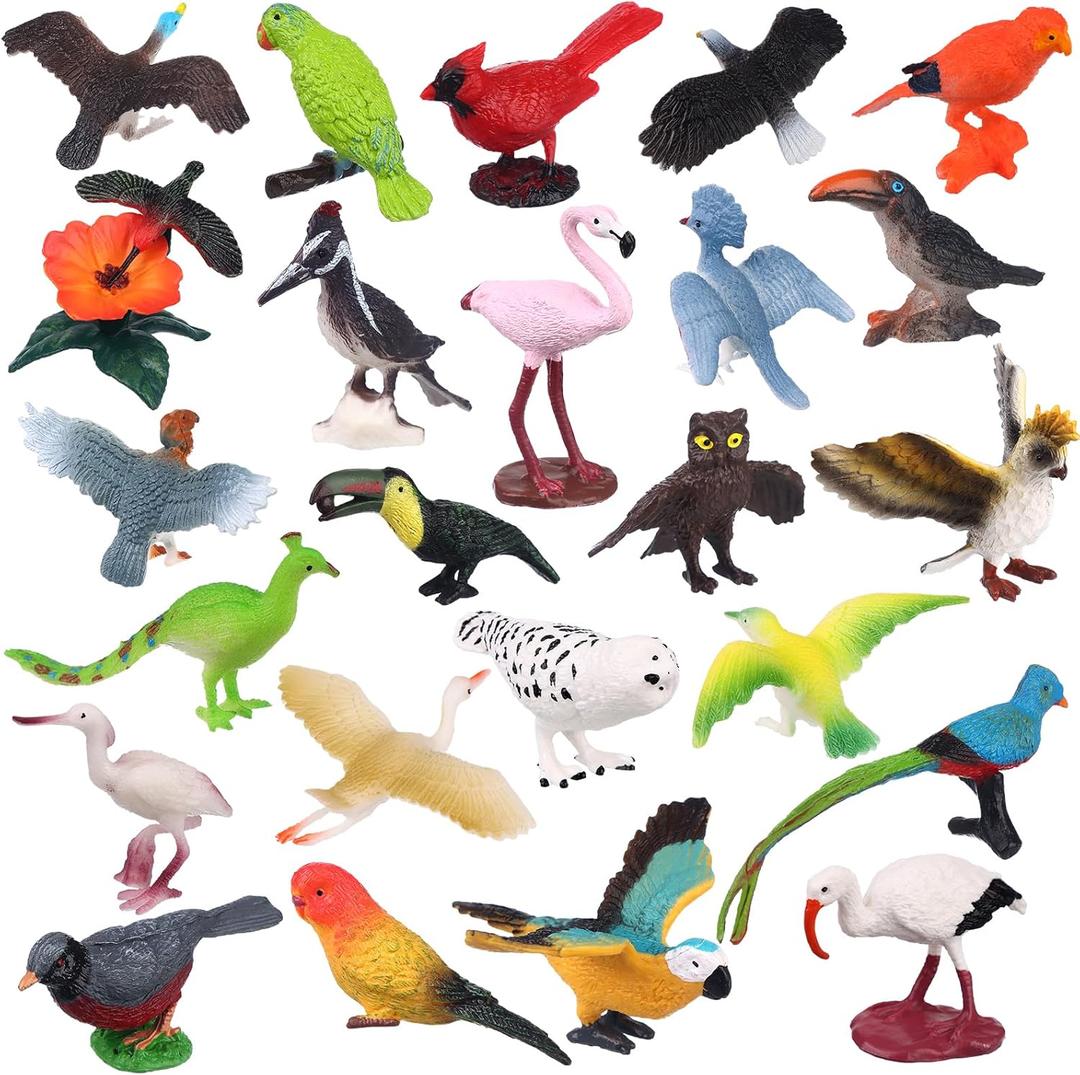Warmshine 24 Pcs Realistic Bird Animals Figurines Mini Bird Figures Model Eagle Parrot Robin Owl Plastic Birds Figures Fairy Garden Accessories Dollhouse Birthday Cake Toppers