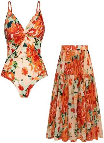 GRACE KARIN Women's One Piece Swimsuits with Cover Up Skirt Tummy Control V Neck Bathing Suits 2XL, Orange Floral