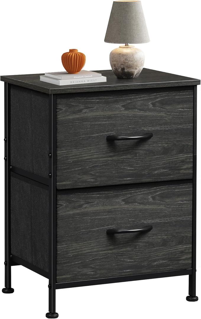 WLIVE Night Stand, Small Dresser with Drawers, Dresser for Bedroom with 2 Fabric Drawer, Black Bedside Table End Table, Dorm Nightstand, Closet Organizer, Charcoal Black Wood Grain Print (1 Piece)