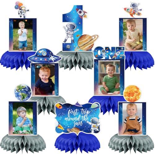 First Trip Around The Sun Birthday Decorations, 8pcs Outer Space 1st Birthday Photo Table Honeycomb Centerpiece for Planets Solar System Theme One Year Old Birthday Party Supplies