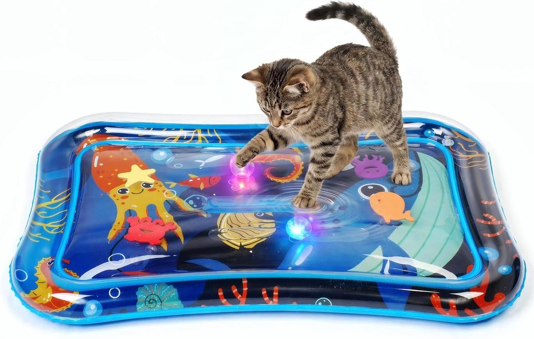 Thickened Cat Sensory Water Play Mat, Interactive Aqua Cats Water Mat with Floating Fish and 2 Balls for Cats & Dogs, Indoor Pet Water Bed Play Mat