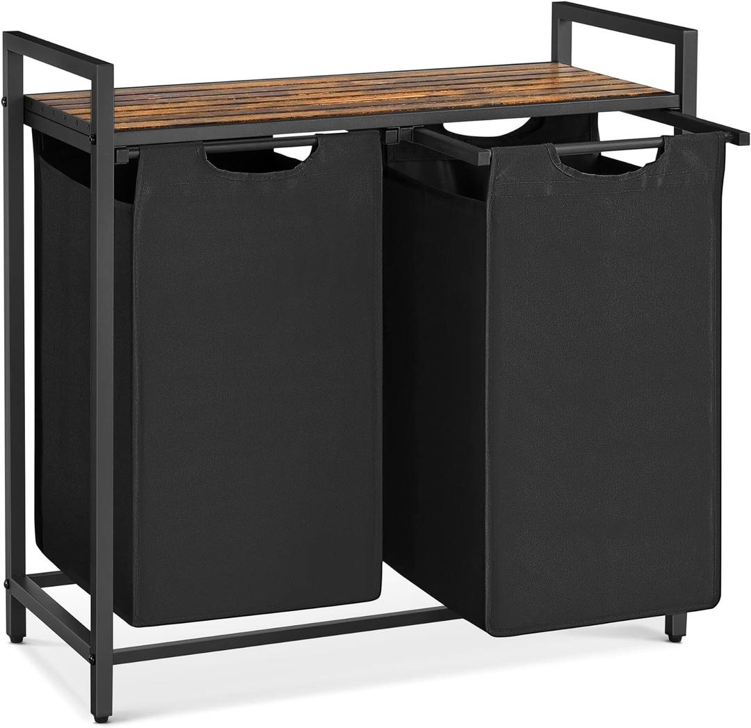 VASAGLE Laundry Hamper, Laundry Basket, Laundry Sorter with 2 Pull-Out and Removable Bags, Shelf, Metal Frame, 2 x 12.1 Gallons (46L), 28.8 x 13 x 28.4 Inches, Rustic Brown and Black UBLH201B01 (92 L, Black + Rustic Brown)