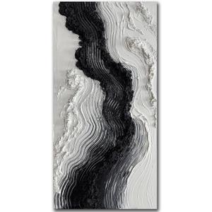 Boiee Art,24x48Inch Hand Painted Modern Black Simply White Framed Artwork Textured Ocean Wave Art on Canvas Minimalist Oil Painting