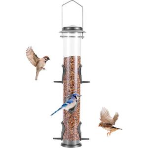 MIXXIDEA 1PK Metal Bird Feeders with 6 Feeding Ports,Tube Bird Feeder with Steel Hanger,Hard Plastic Wild Bird Feeder for Outdoors Hanging, Attracting Birds in Your Lawn, Garden, Balcony-Grey 