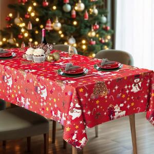Halibutfly Table Cloth for Rectangle Table, Waterproof and Oil-Proof Vinyl Christmas Tablecloth, Wash-Free Tablecloth with Flannel Backing for Christmas Decoration (55110 Inches, Seats 8-10) (Red)