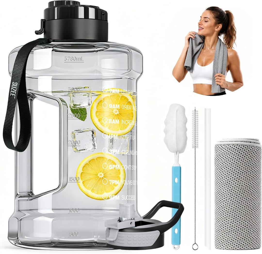 1 Gallon Water Bottle, Water Jug with Time Marker & Straw & Handle,2 Lids