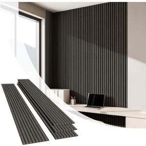 Olanglab Wood Slat Wall Panels 4 Pack, Wooden Acoustic Wall Panels, 94.5"x12.6" Each 3D Wall Panels for Interior Wall Decor (Black-Extendo Trio)
